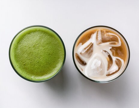top down view of two refreshing cold beverages vibrant green matcha with froth and ice and creamy brown iced coffee or latte with ice in ribbed glasses against a white backdrop