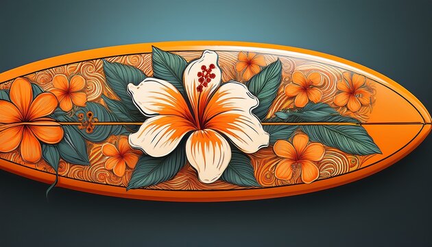 tropical surfboard art orange board with hibiscus and floral pattern design