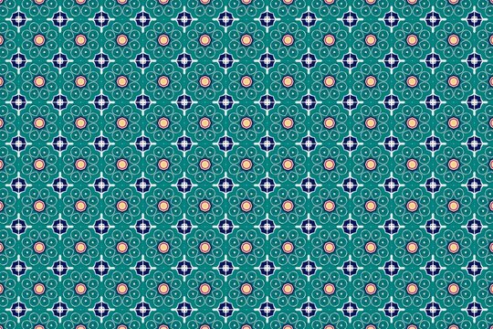Geometric Pattern of Stars and Circles: A mesmerizing repeating pattern featuring teal blue background with a mosaic of delicate white stars and warm tan circles.