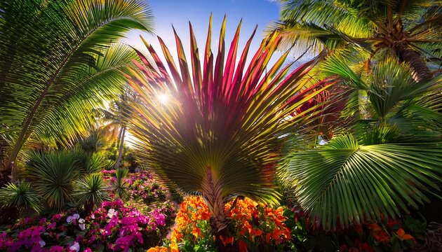 imagina un paraiso tropical donde la naturaleza se desborda en una explosion de colores y formas desde las hojas vibrantes de las palmeras hasta las flores exoticas que adornan el suelo