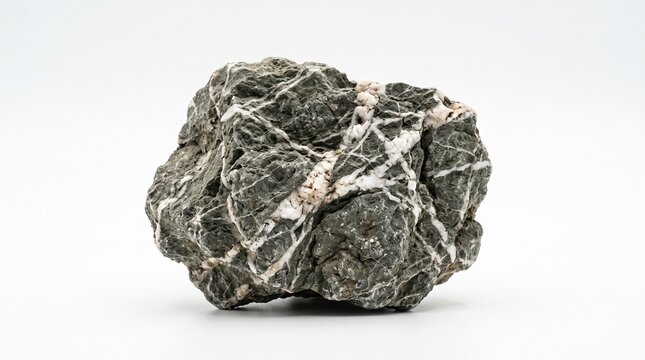 Close up of a textured dark gray rock with white mineral veins against a clean white background