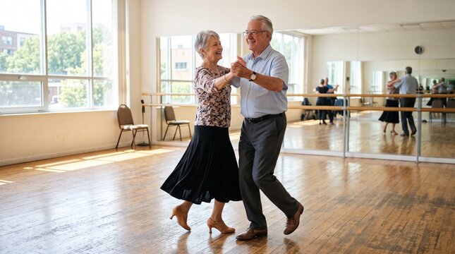 Joyful senior couple dancing ballroom in a bright dance studio with large windows and mirrors