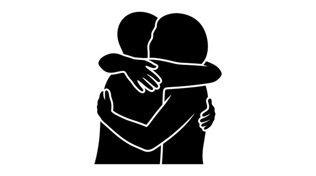 Two figures embrace in a black silhouette on a white background
