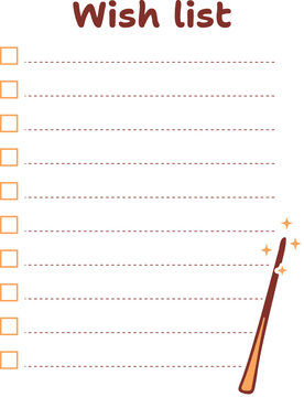 Wish list template with sparkling magic wand, cute stars, checkbox line notes. Blank planner hand drawn fairytale. Dream task checklist stationery paper sheet. Organizer for bullet vector illustration