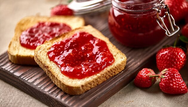 close up of bread and strawberry jam selective focus