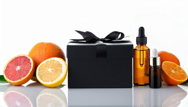 elegant black gift box with essential oils and fresh citrus fruits on a white background