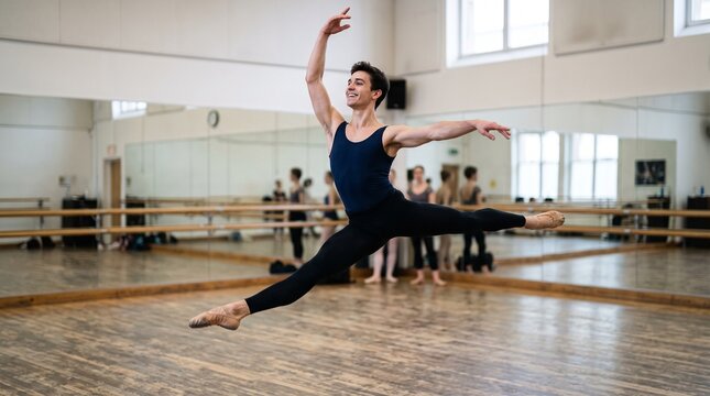 Male ballet dancer performing a grand jet&eacute; leap in a dance studio with mirrors and barre