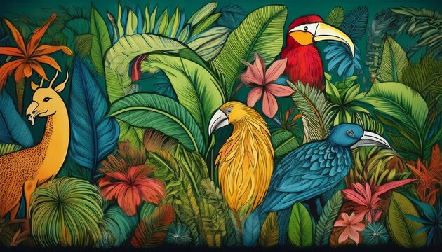 doodle drawing of tropical animal and plant life for background or texture showcasing biodiversity species