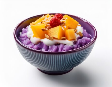 halo halo dessert bowl with purple yam and fruit toppings on white background cutout