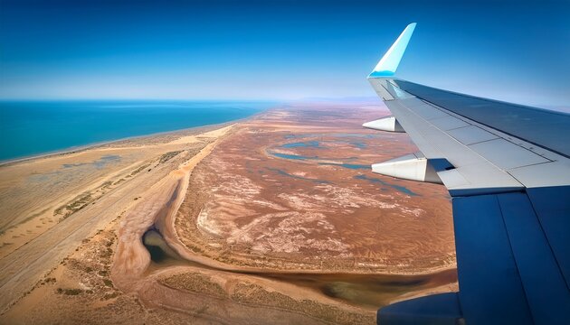 aerial view from an airplane window showing the wing over a port bautino with vast desert coastline in caspian sea kazakhstan commercial flight journey above an arid peninsula