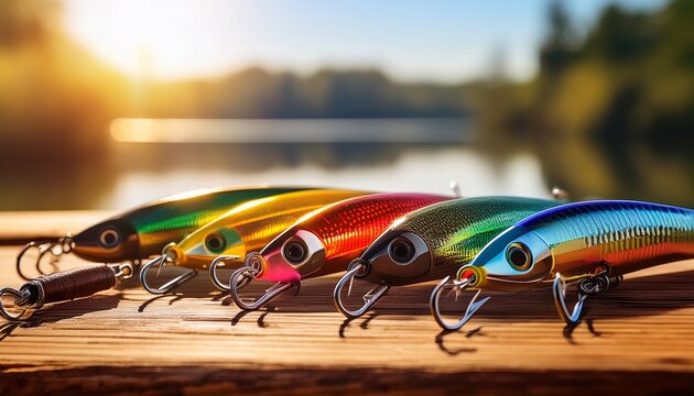 colorful fishing lures with hooks arranged on a wooden surface in sunlight symbolizing fishing recreation and outdoor adventure