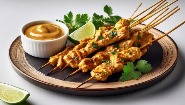 chicken satay skewers in peanut sauce with lime and parsley garnish