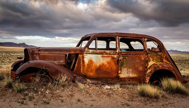 close up view of a rusted and decaying vehicle reveals layers of corrosion and decay in an abandoned location under a cloudy sky