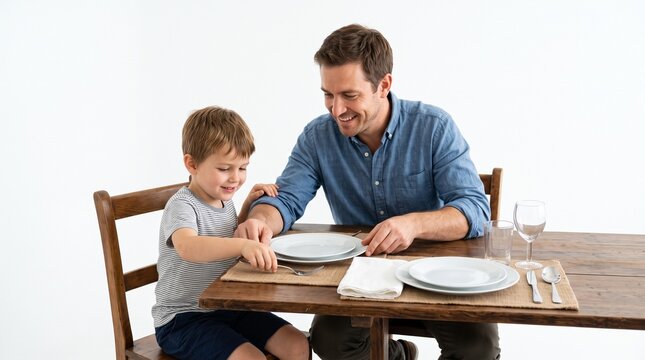 Father and son setting the table for a meal, learning about dining etiquette and family bonding