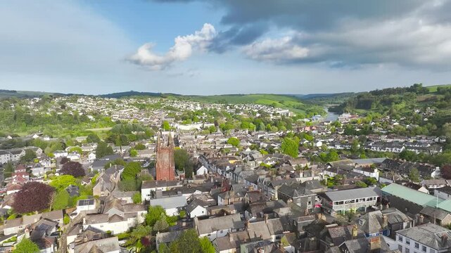 St Mary's Church and Totnes Castle from a drone, Totnes, River Dart, Devon, England