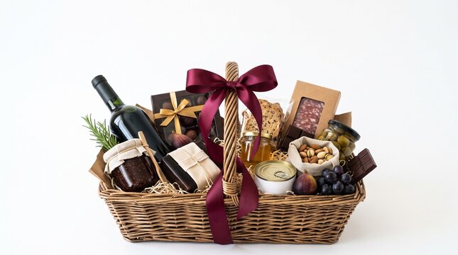 Gourmet Gift Basket Filled With Wine Chocolate Nuts Olives Jam Honey And Salami