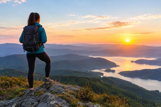 girl on the top of the mountain looking down a valley with a river, while sunset