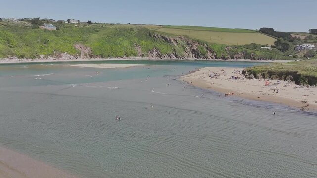 Aerial view of Bantham Beach and River Avon from a drone, South Hams, Devon, England