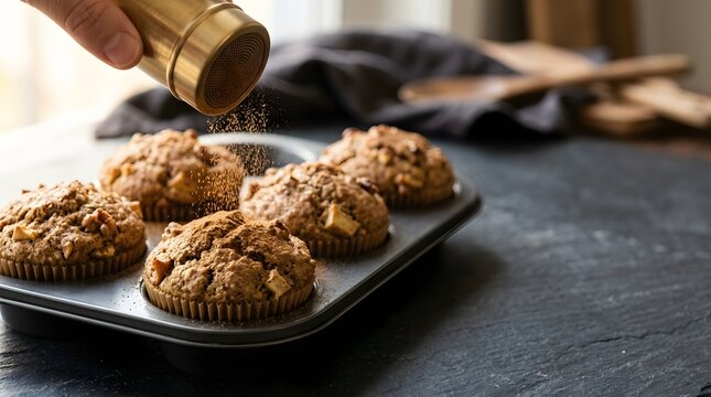 Hand dusting baked apple cinnamon muffins with powder from brass shaker