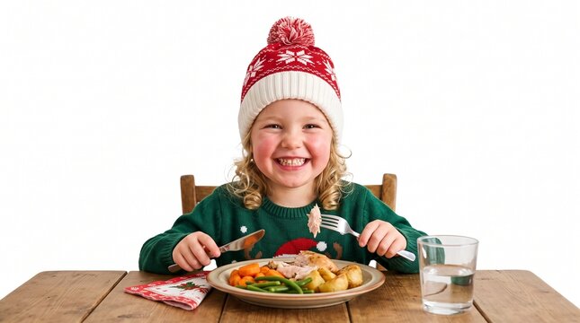Joyful young girl wearing a festive Christmas hat and sweater enjoys a traditional holiday dinner