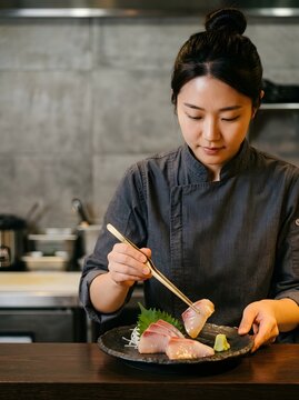 Female Asian chef plating fresh yellowtail sashimi slice with culinary tweezers in restaurant