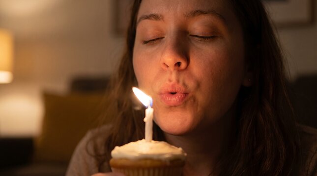 Woman blowing out a single candle on a birthday cupcake with eyes closed in a dimly lit room