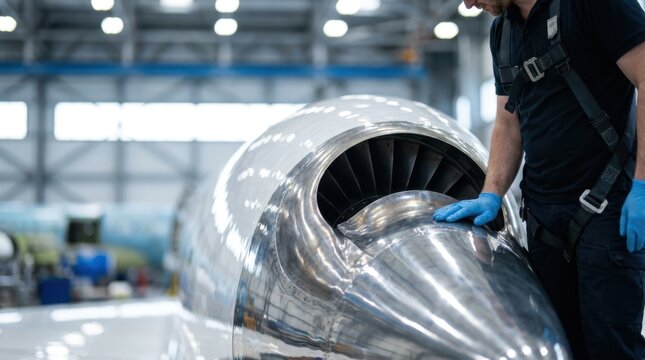 Aerospace engineer inspecting polished supersonic jet engine nacelle, turbine blades, titanium inlet lip, and safety harness in a hangar.