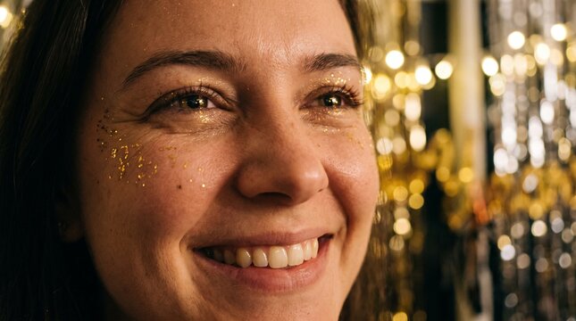 Close up of a woman smiling with gold glitter on her face and bokeh lights in the background
