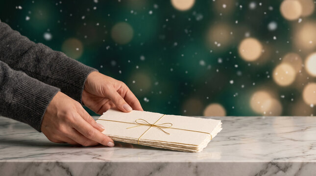 Hands placing stack of craft letters tied with twine on marble table. Christmas post mail delivery service dark green bokeh banner with copy space.