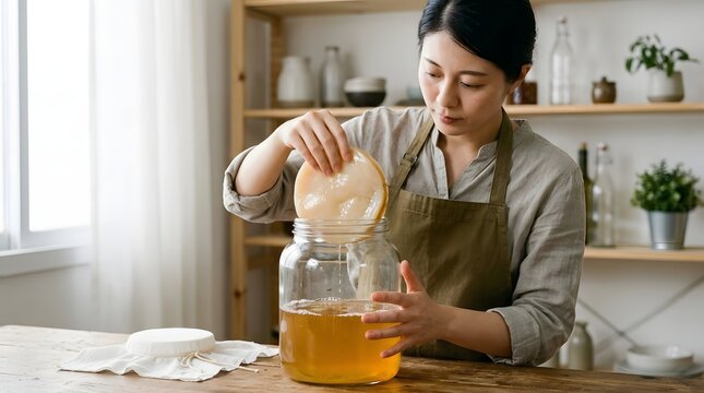 Asian woman placing scoby disk into glass jar brewing homemade fermented tea