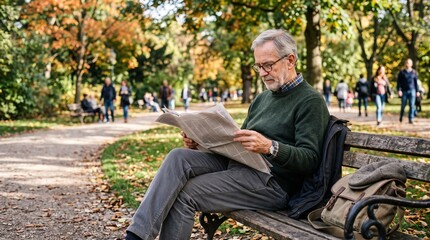 Obraz premium Elderly Man Reading Newspaper in Park: A distinguished elderly gentleman with glasses sits peacefully on a park bench.