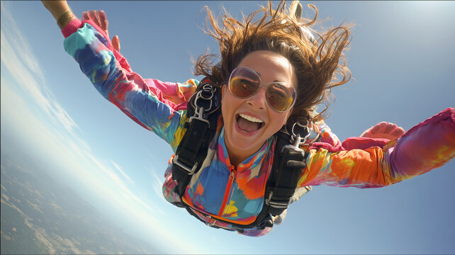 A joyful young woman with sunglasses free falling through the air during a skydiving jump. Wearing a colorful jumpsuit, she smiles wide and enjoys the extreme adrenaline rush