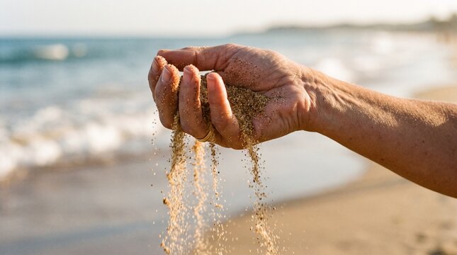 Sand Through Fingertips: A close-up of a person's hand holding sand, which is slowly trickling through their fingers onto a beach with the ocean in the background.