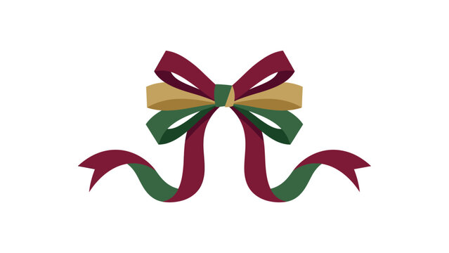 Christmas gift ribbon bow in maroon, gold and green, flat vector illustration