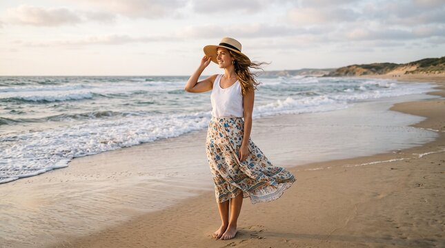 Serene Beach Escape: A woman in a straw hat and flowing skirt enjoys a moment of tranquility on a sandy beach, with gentle waves lapping at the shore under a soft, golden sky.