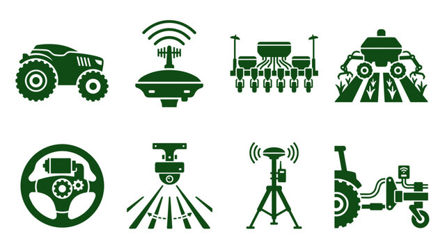 Autonomous precision farming technology pictograms illustrating robotic tractor seeder implement and rtk navigation