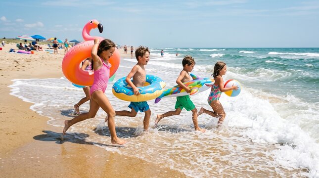 Joyful Summer Escape: Four energetic children, embracing the spirit of summer, run into the ocean with inflatable toys, their faces beaming with delight.