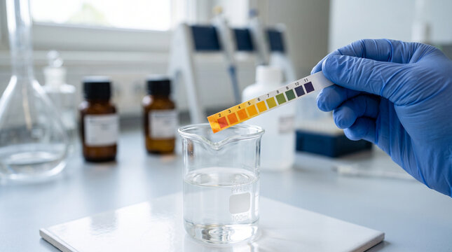 Laboratory technician testing liquid with pH strip in a lab setting  