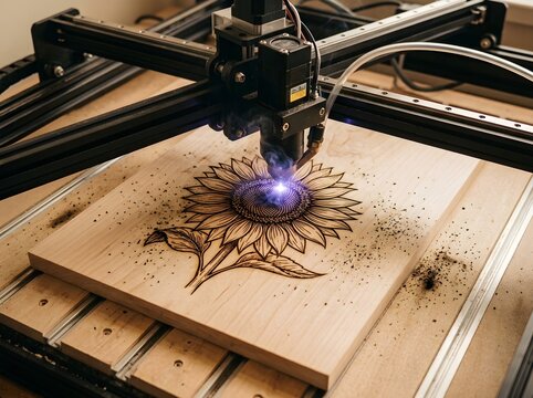 Laser engraving machine creating a detailed sunflower design on a wooden board