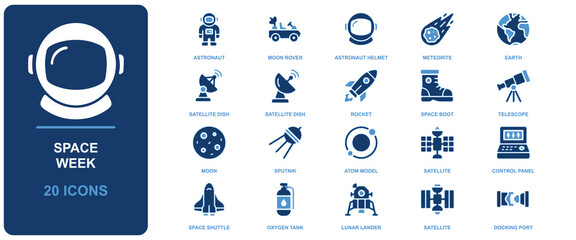 Set of 20 blue space and astronomy icons featuring astronaut helmet, rocket, moon, satellite, space shuttle, and lunar lander on white background © Arthur