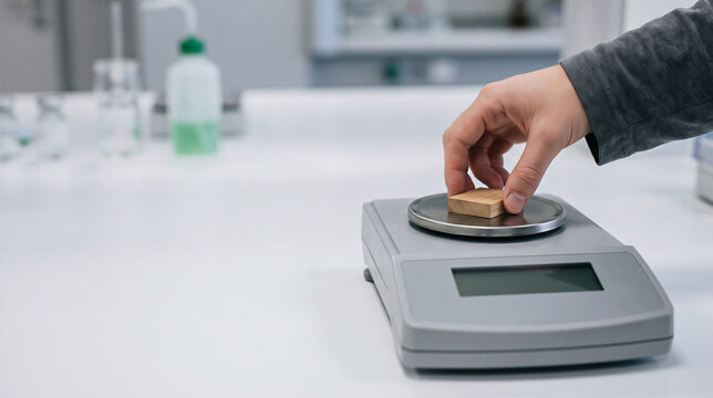 Scientist weighs wood sample on a laboratory scale