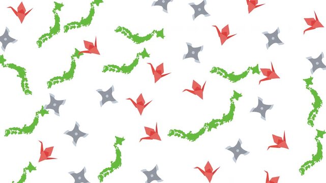 Japanese Pattern Background with Map Outlines Origami Cranes and Shuriken