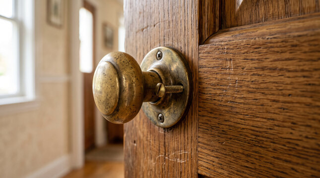 Loose door knob screw on wooden door close-up photograph  