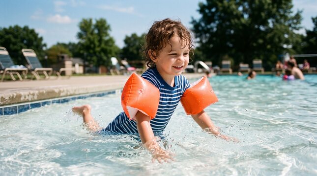 Joyful Splash: A happy young boy with inflatable armbands enjoys a sunny day swimming in a clear blue swimming pool, surrounded by lush green trees and the relaxed atmosphere of summer vacation.