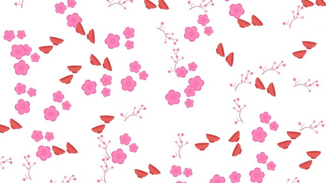 Japanese pattern with pink plum blossoms and traditional tea bowls on white
