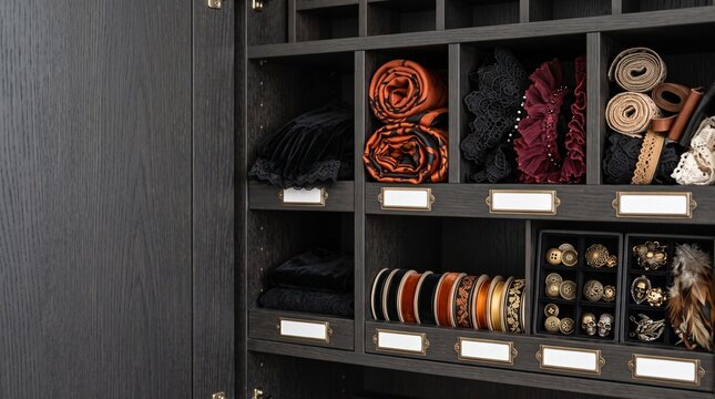 Organized costume accessories and vintage jewelry stored in dark wooden shelving units.