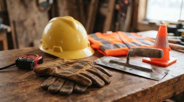 Hard hats, hi vis vest, work gloves, measuring tape, steel trowel, and safety cone on a wooden table.