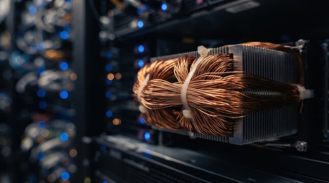 Copper wire strands wrapped around a data center heatsink with blurred blue indicator lights