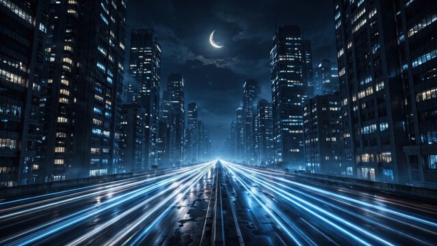 Futuristic city at night with glowing light streaks on a wet road, crescent moon above