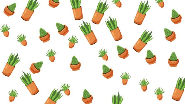 Seamless pattern of various green potted house plants on white background